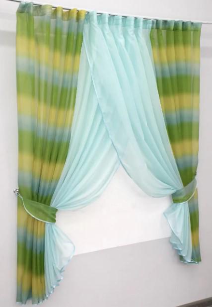 Комплект штор на кухню 400х170 см Блакитний/Оливковий/Жовтий (111к) - фото 4 Комплект штор на кухню 400х170 см Блакитний/Оливковий/Жовтий (111к) - фото 4