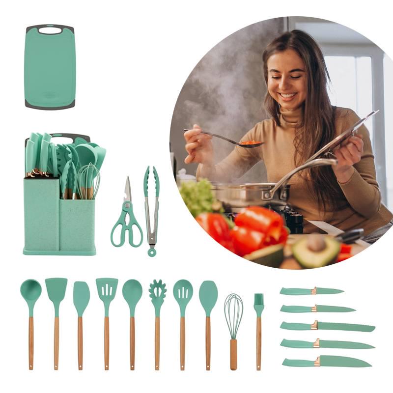 Набір кухонного приладдя 19 предметів силіконові прибори/набір ножів на підставці/дошка для нарізання Green (e2f410f3) - фото 4