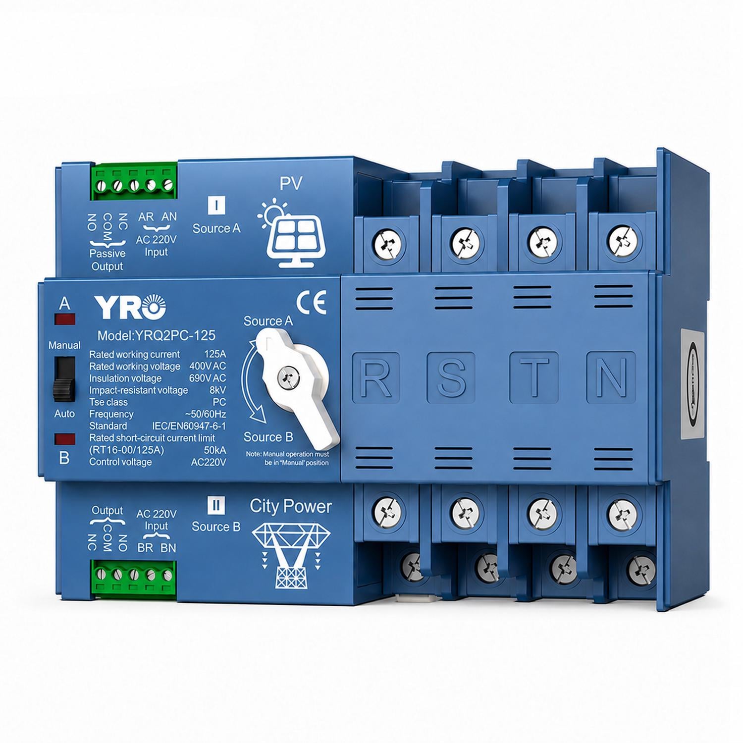 Перемикач вводу резерву автоматичний YRO I-II 4P 125A 400V АВР для інвертора та панелей (YRQ2PC-125PV-4P-125A)