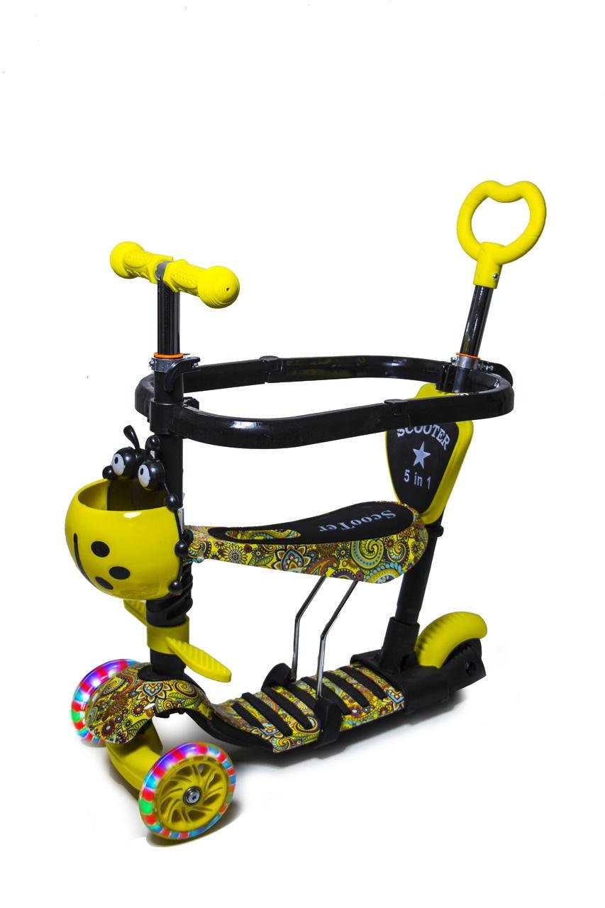 Самокат с сиденьем и родительской ручкой Scooter 5в1 с рисунком оригами с защитными бортиками. - фото 1 Самокат с сиденьем и родительской ручкой Scooter 5в1 с рисунком оригами с защитными бортиками. - фото 1