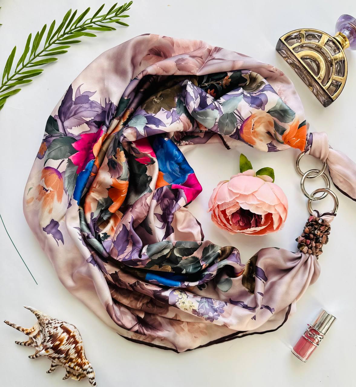 Хустка шовкова дизайнерська My Scarf Квіткова галактика 90x90 см з натуральним родонітом (32524403)