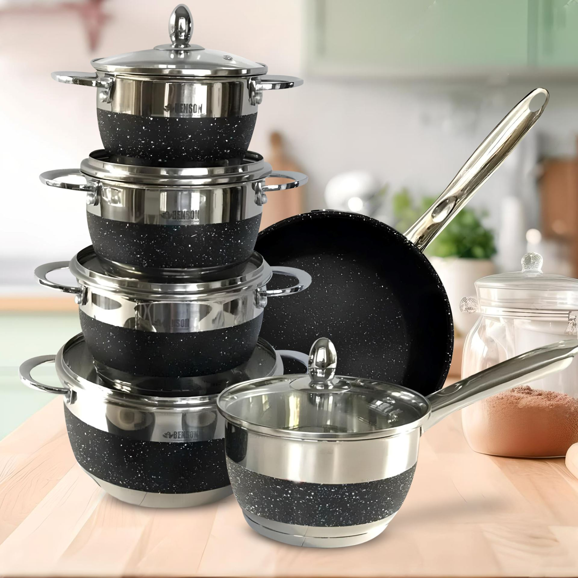 Набір каструль Benson BN-293 із нержавіючої сталі 12 пр. Сріблясто-чорний (BN-293)