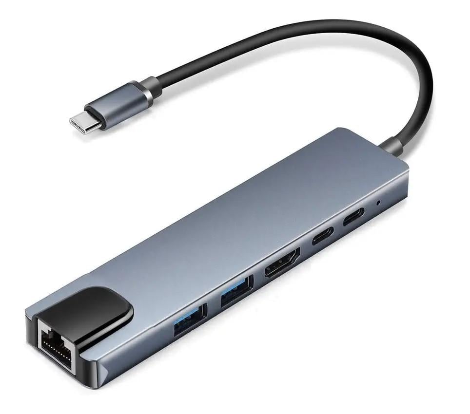 USB-хаб Type C USB 3.0х2/SD/TF/HDMI 4K/LAN/PD Серый (29666956) USB-хаб Type C USB 3.0х2/SD/TF/HDMI 4K/LAN/PD Серый (29666956)