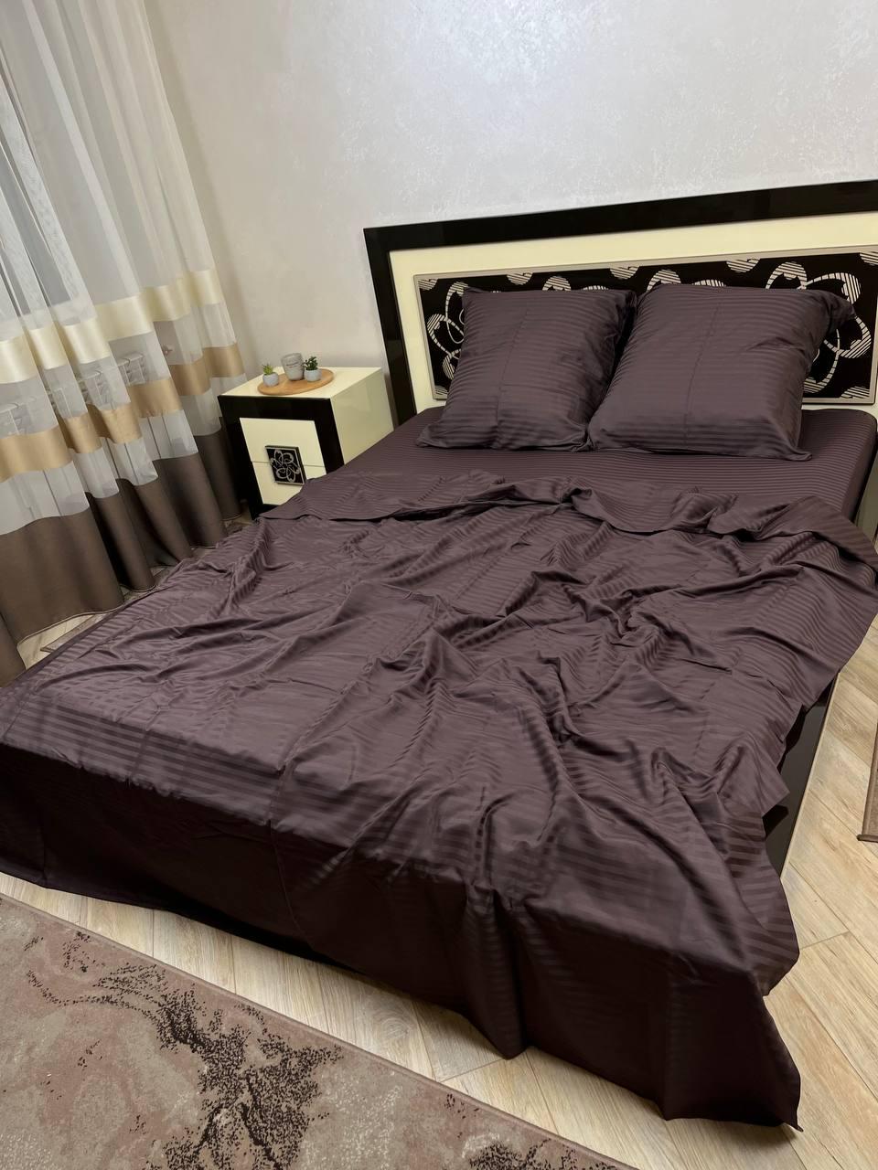 Комплект постельного белья Полоска хлопковое страйп сатин евро 200x220/50x70 см Коричневый (15005203)