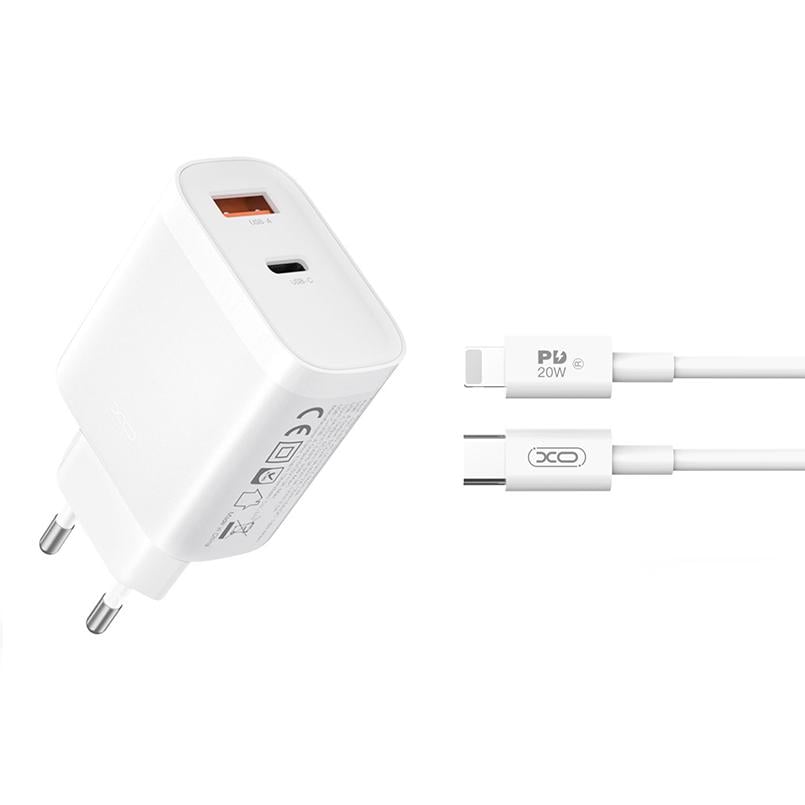 Сетевое зарядное устройство XO L116 PD30W/QC18W 1USB-C+1USB-A Lightning кабель Белый (XO-L116+L)