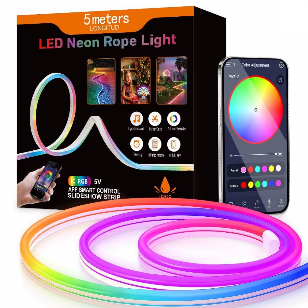 Светодиодная лента с пультом Led Neon Rope Light 5 м с управлением через приложение от USB (37812643)