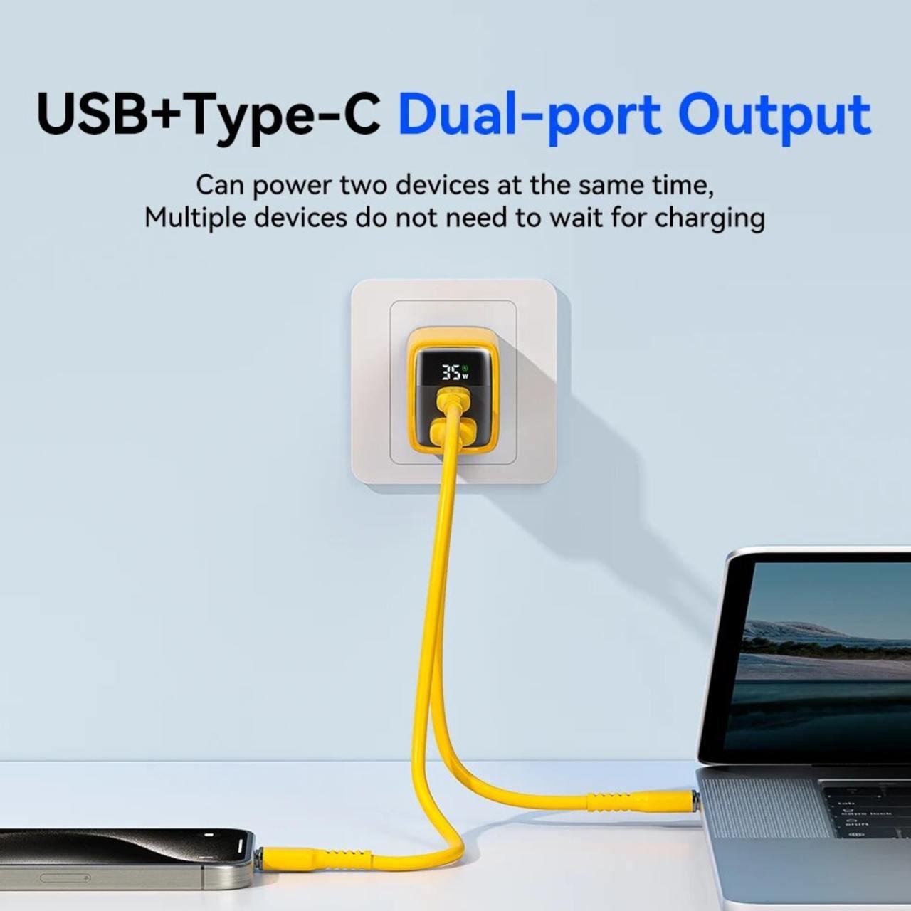 Зарядное устройство Veron TC-35 GaN 35W PD+QC Type-C USB-A с дисплеем Желтый (777650) - фото 6