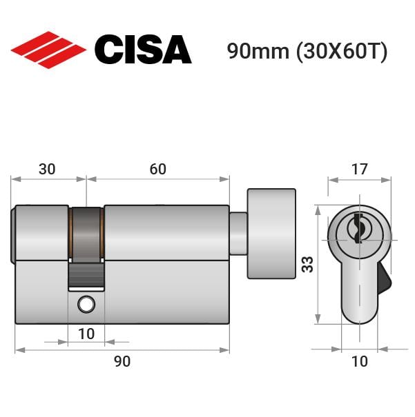 Цилиндр замка ключ/вороток Cisa C2000 90T 30x60T никель матовый (37977) - фото 4