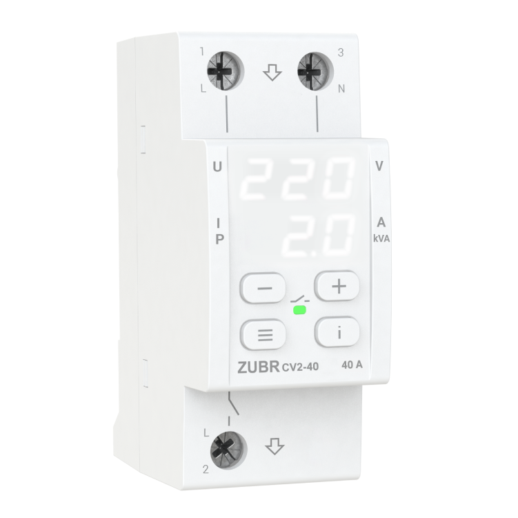 Реле напряжения ZUBR CV2-40 однофазное с контролем тока 40A max 50A 8800BA (4820120222610) Реле напряжения ZUBR CV2-40 однофазное с контролем тока 40A max 50A 8800BA (4820120222610)