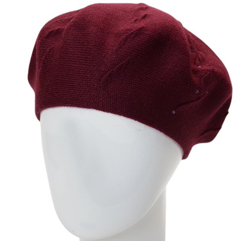 Берет женский осенний двойной Lirus Судьбы с узором и стразами тонкой вязки Бордовый
