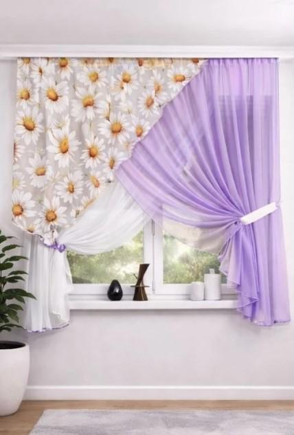 Комплект штор на кухню Сакура 300х170 см Бузковий/Білий (502к 3)