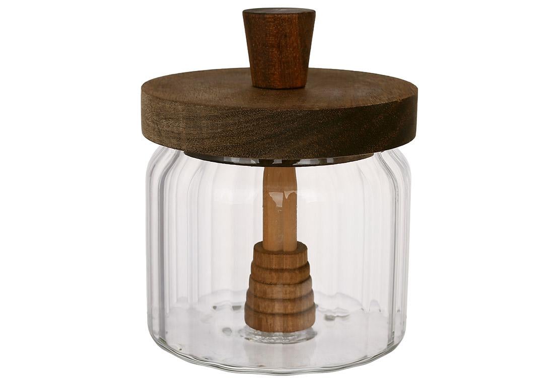 Банка для меда стеклянная с деревянной крышкой и ложкой из акации 350 мл (992-440)