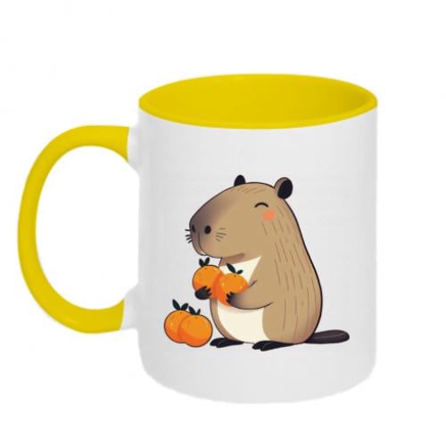 Чашка керамическая двухцветная Капибара радуется апельсинам 320 мл Бело-желтый (17077545-34-199693) - фото 1