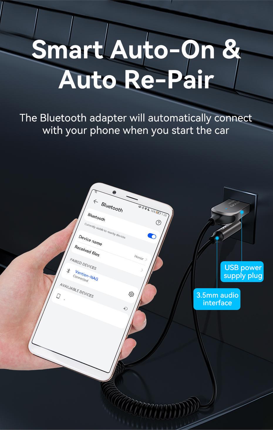 Адаптер Vention Bluetooth 5.0 приемник USB-3,5 мм minijack с микрофоном HiFi AUX Черный (NAGHG) - фото 7