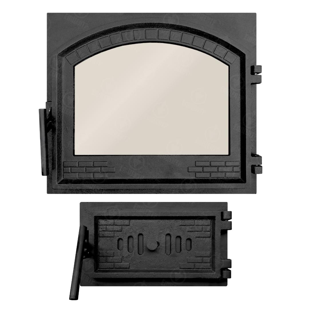 Комплект чавунних дверцят замковий з вогнетривким склом XL 490x420 мм/піддувальний з регулятором замкової тяги 330х190 мм - фото 2 Комплект чавунних дверцят замковий з вогнетривким склом XL 490x420 мм/піддувальний з регулятором замкової тяги 330х190 мм - фото 2