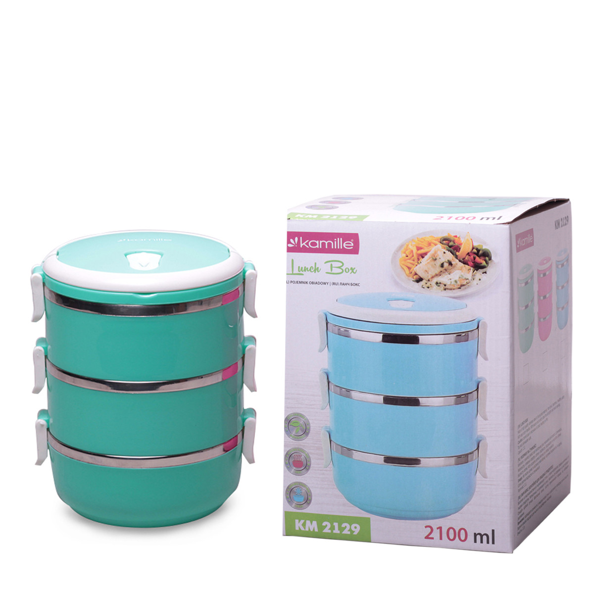 Ланч-бокс Kamille KM-2129BR обеденный тройной 2100 мл Бирюзовый