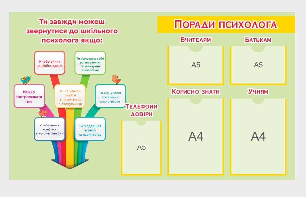 Стенд для школы "Куточок психолога" из ПВХ 720х720 мм (KPS0006) Стенд для школы "Куточок психолога" из ПВХ 720х720 мм (KPS0006)