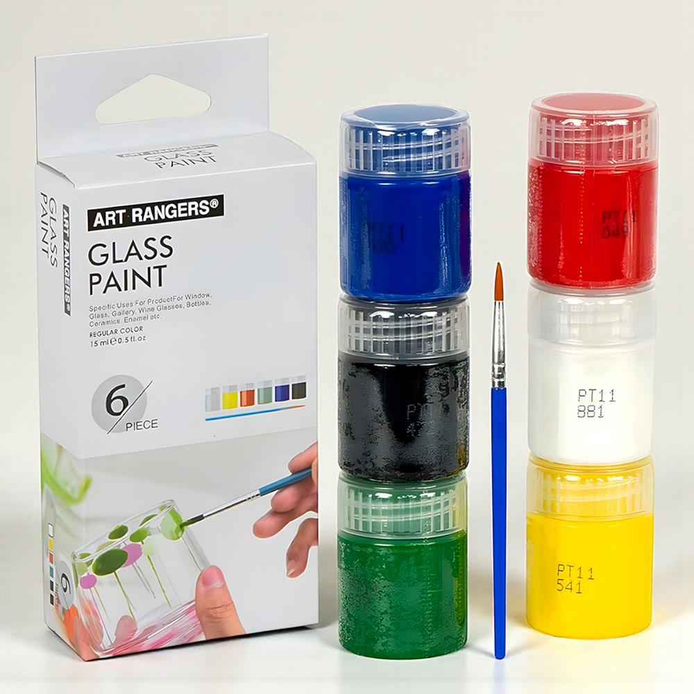 Акриловые витражные краски по стеклу с кисточкой 6 цветов по 15 мл (37-122593)