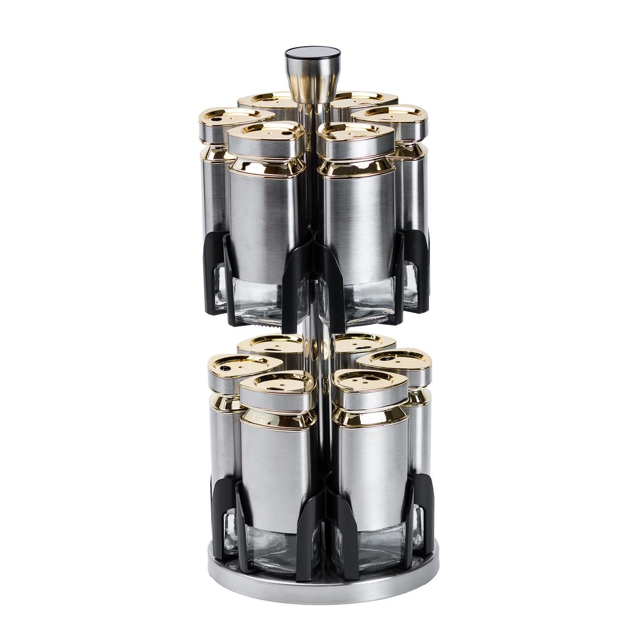 Набор баночек для специй 12 шт по 120 мл на подставке Карусель Сталь/Золото