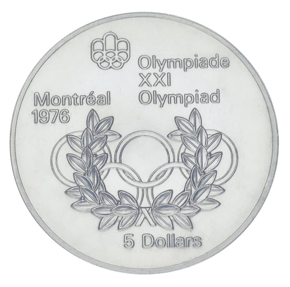 Коллекционная монета Канада 5 долларов 1974 серебро UNC XXI Летние Олимпийские игры 1976 в Монреале Кольца и венок (М22568)