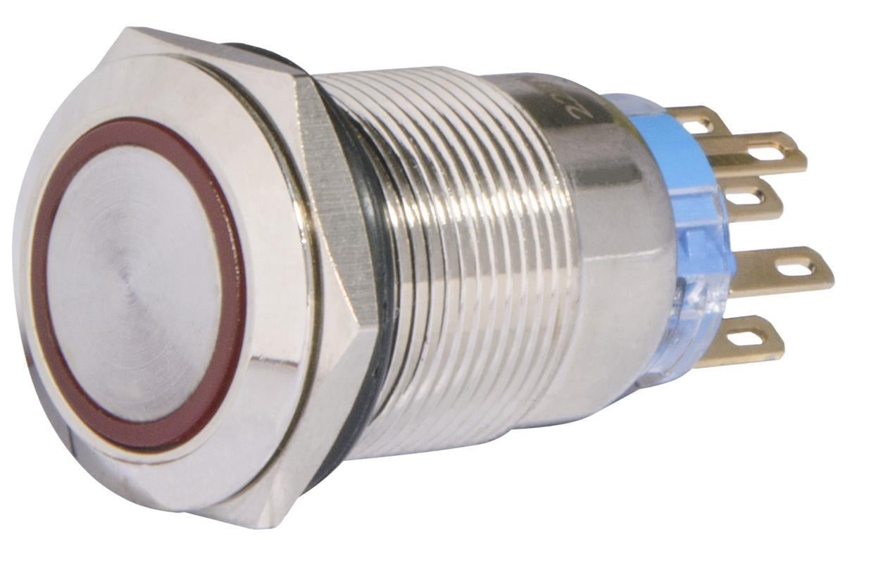Кнопка TYJ 19-372 металлическая плоская с фиксацией 2NO+2NC с подсветкой 220V Красный (A0140010123) Кнопка TYJ 19-372 металлическая плоская с фиксацией 2NO+2NC с подсветкой 220V Красный (A0140010123)
