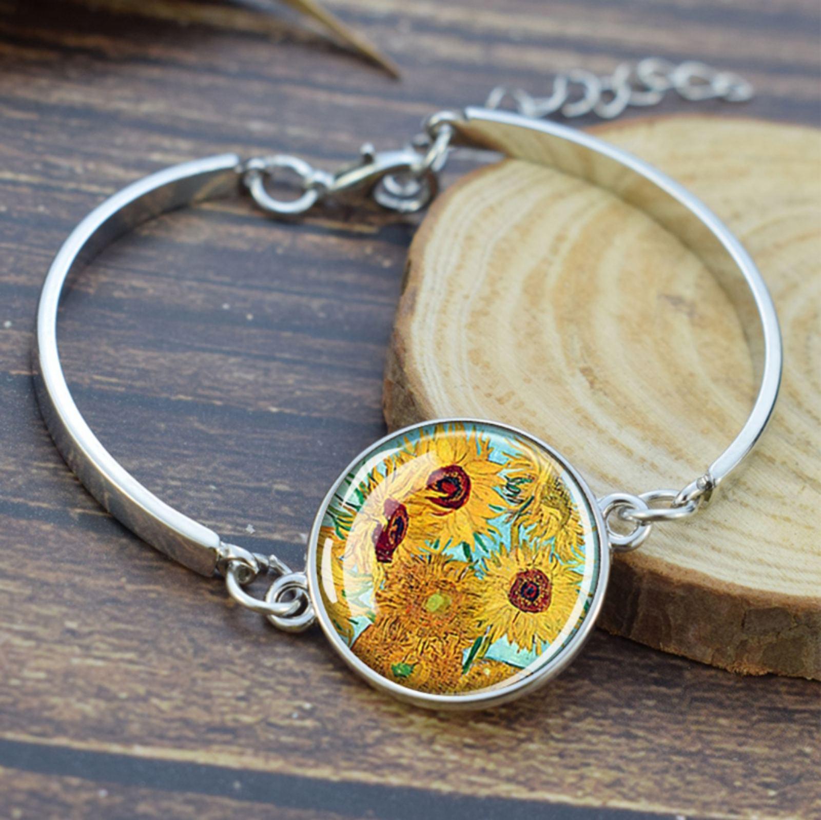 Браслет жіночий металевий з вставкою за мотивами картини Ван Гога Соняхи (00102)