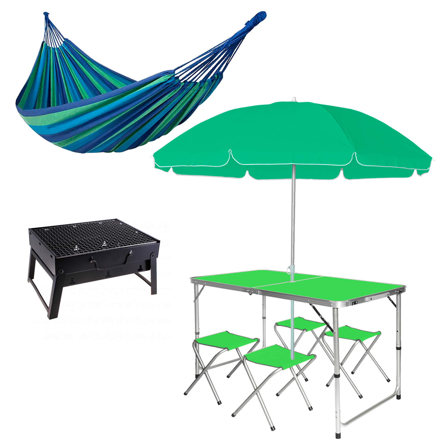 Комплект туристичний стіл зі стільцями у валізі/парасолька/гамак 200x80 см та складаний мангал Green/Blue (5d21fe1d)