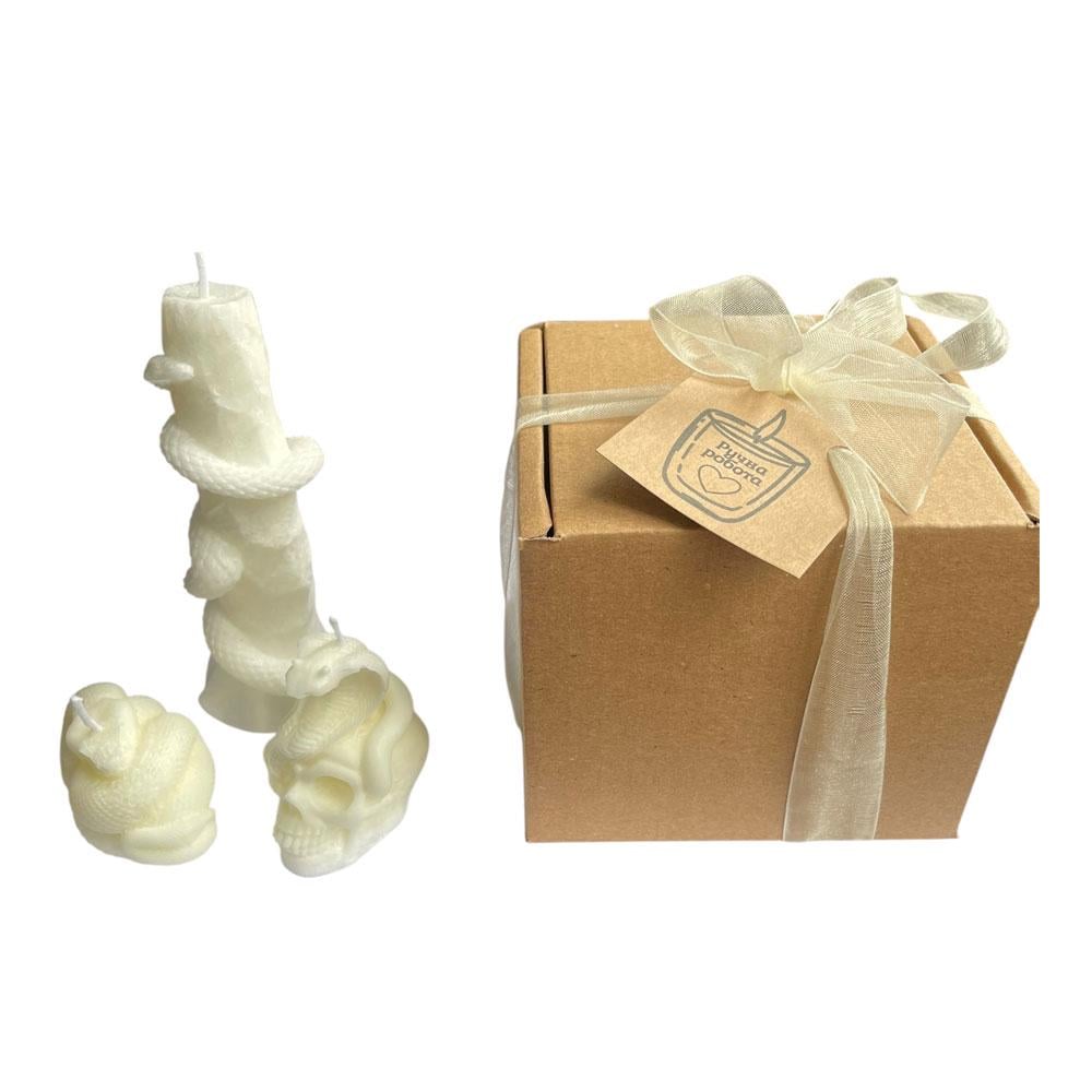 Подарочный набор из 3 свечей в виде черепа и змей Белый (TA0169) Подарочный набор из 3 свечей в виде черепа и змей Белый (TA0169)