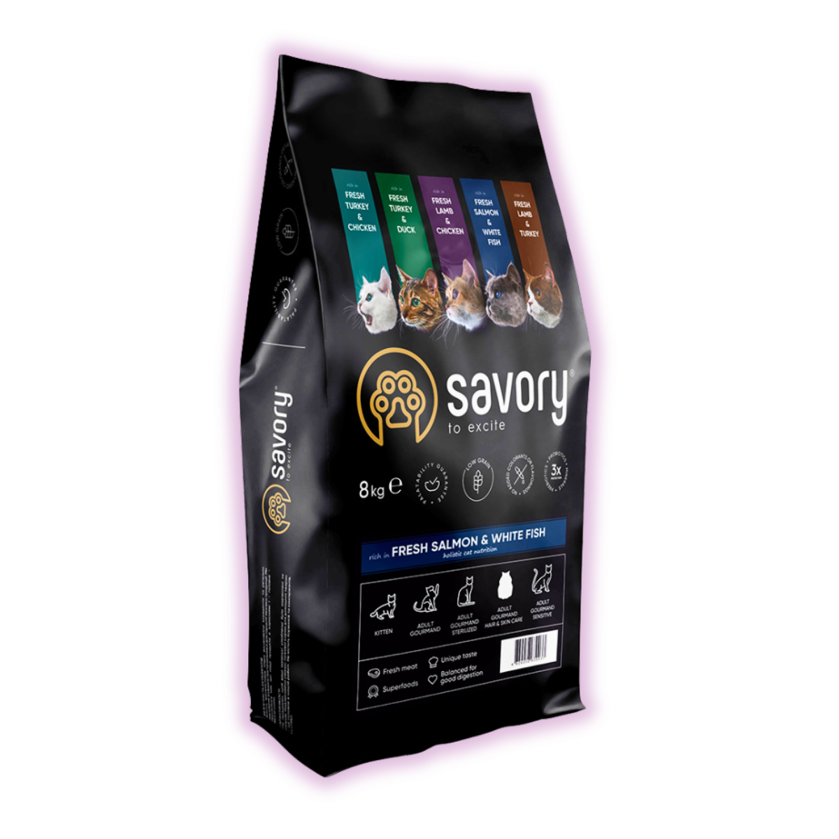 Корм сухой для кошек Savory со свежим лососем и белой рыбой для длинношерстных кошек 8 кг (30037)