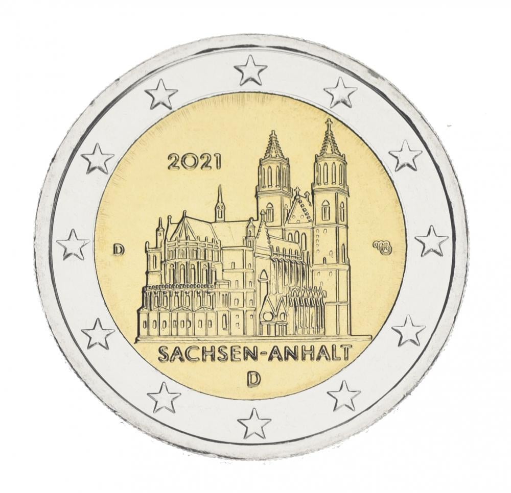 Коллекционная монета Германия 2 евро 2021 Биметалл UNC D Федеральная земля Саксония-Ангальт Магдебургский собор (15390822)