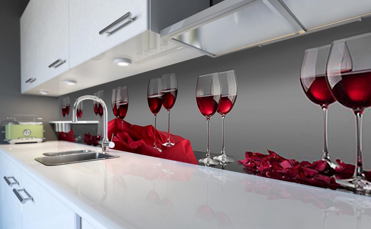 Кухонный фартук Бокалы красное вино из самоклеющейся виниловой пленки 65х300 см Красный