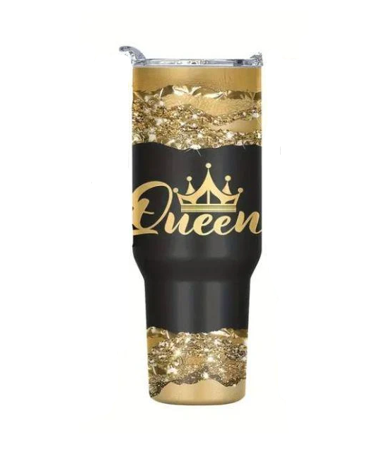 Чашка с термоизоляцией Queen с крышкой и соломинкой 1200 мл Черный/Золотой (2663052499)