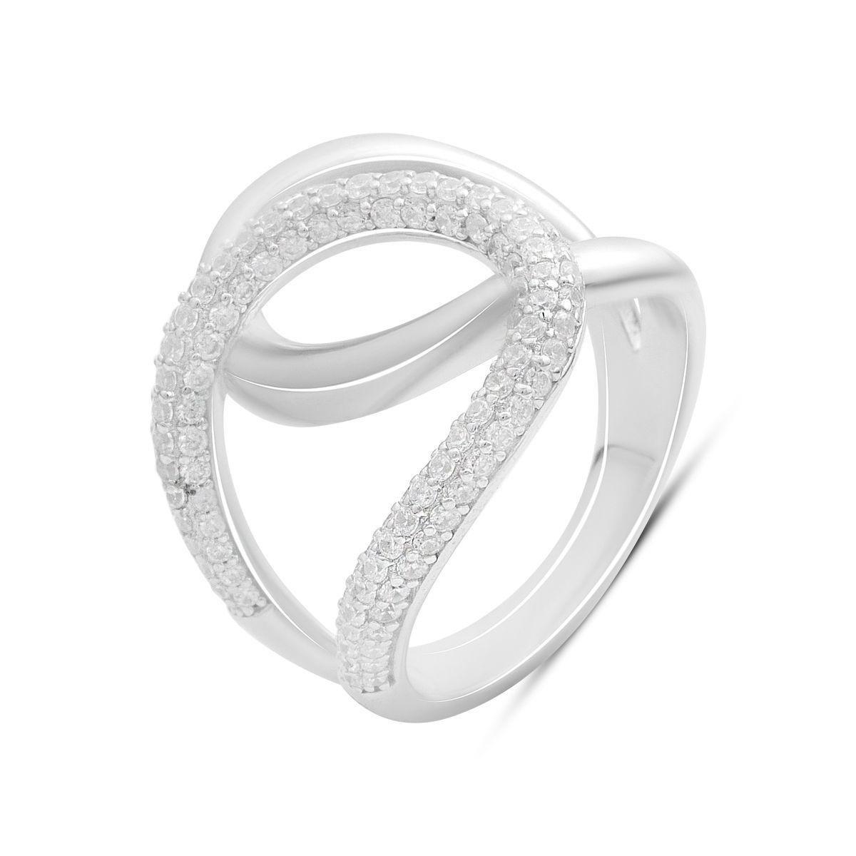 Кольцо серебряное с переплетенной формой и фианитовыми дорожками р. 18