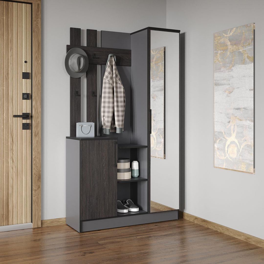 Передпокій Moreli KO-0004 з дзеркалом/дверцятами та гачками для одягу 1002х1800х372 мм Антрацит/Венге темний (27688061)