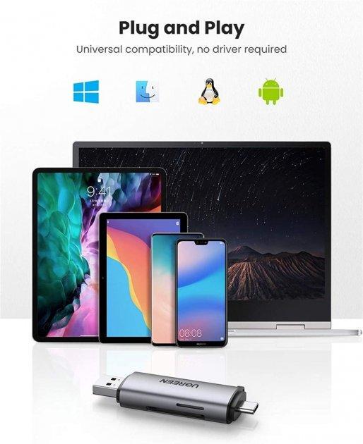 Кардидер 2в1 Ugreen CM185 50706 USB-A USB-C TF/SD Серый - фото 6