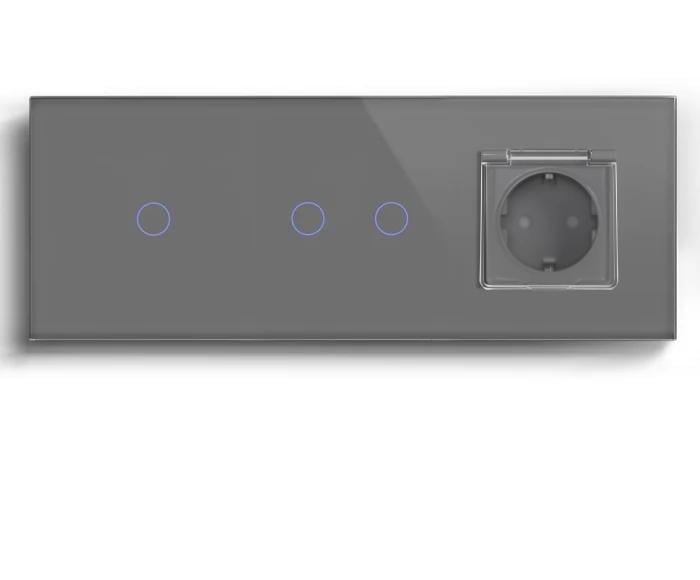 Выключатель умный LUXION проходной/сенсорный 3 сенсора 1-2 с розеткой/крышкой IP44 с заземлением стекло Серый