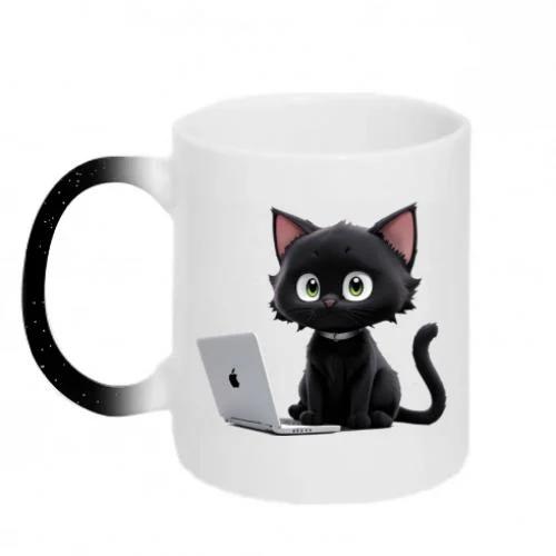 Чашка-хамелеон с блестками Черный кот за ноутбуком 320 мл Черный (14909458-2-188079)