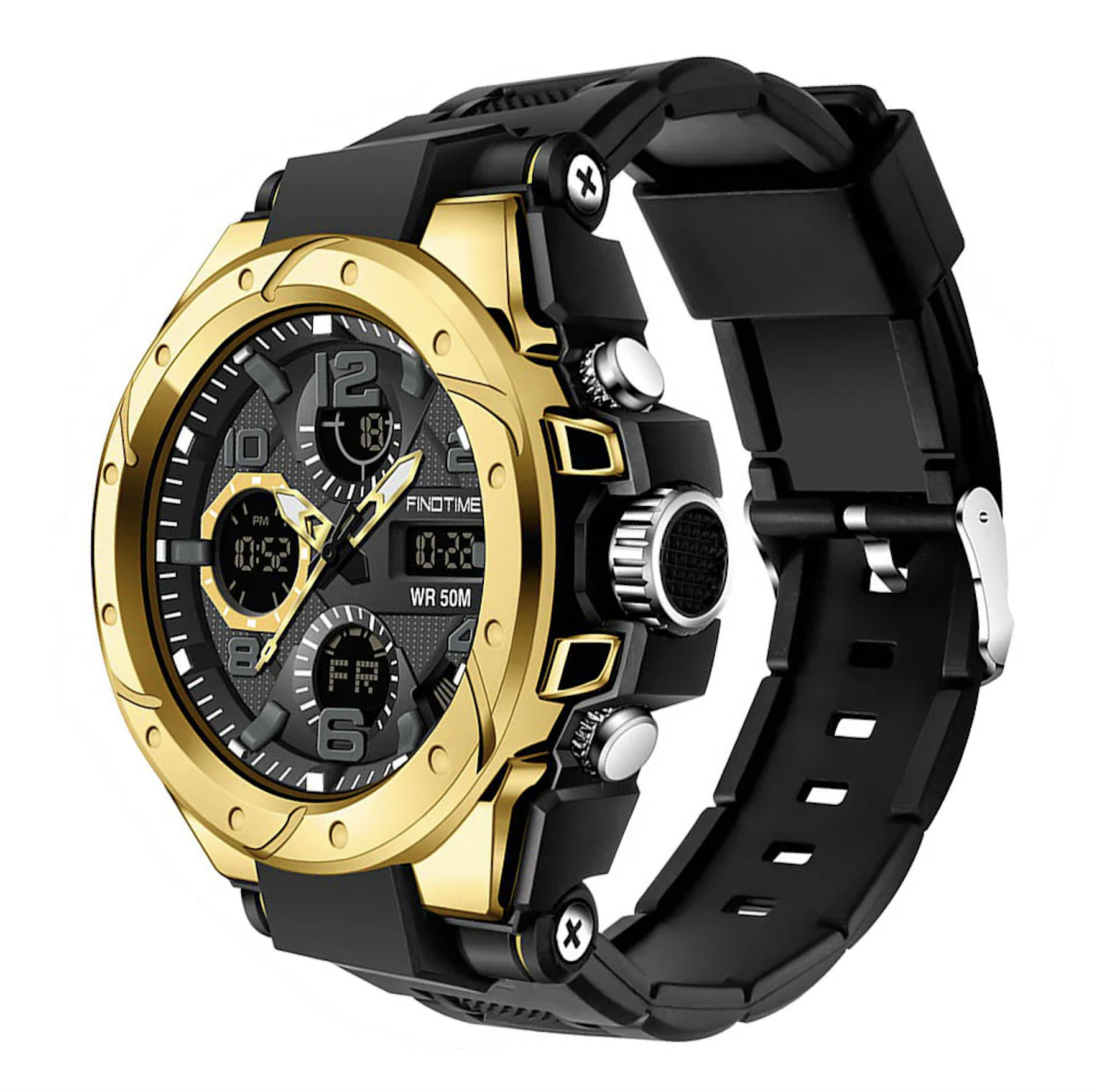 Часы тактические мужские Findtime Military Digital Watch 52 мм противоударные водоотталкивающие 5ATM Черный/Золотистый (SKU-052)