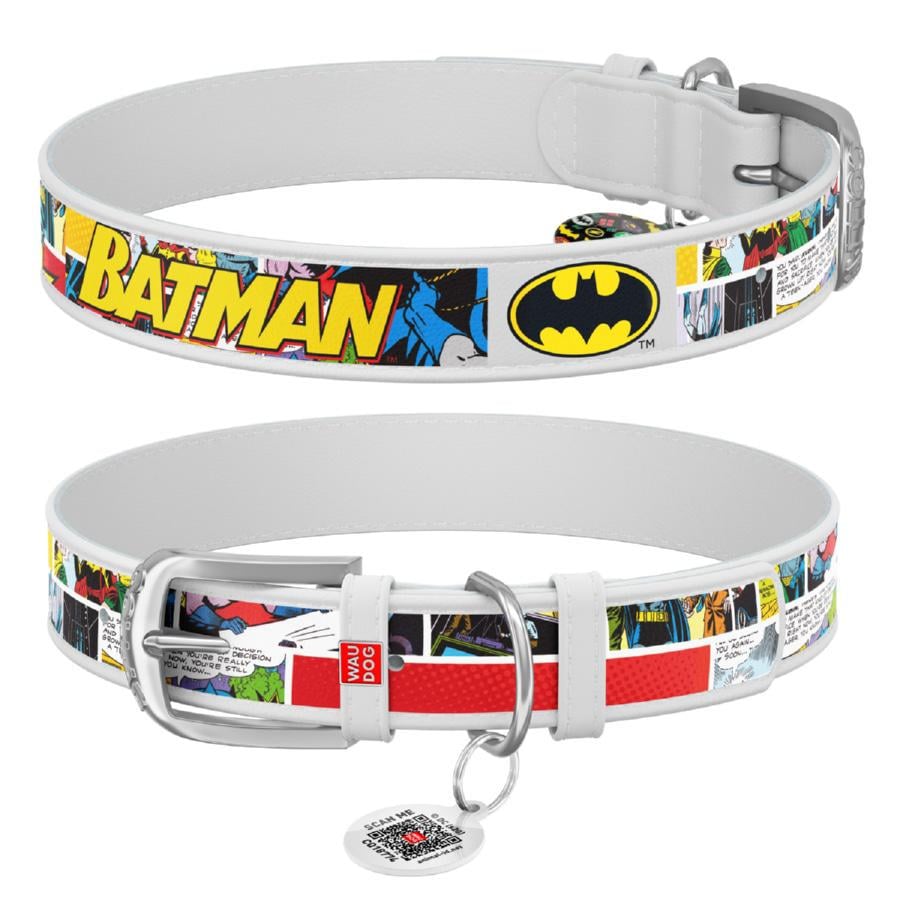 Ошейник для собак кожаный Waudog Design Бэтмен1 с QR паспортом L 25 мм 37-48 см