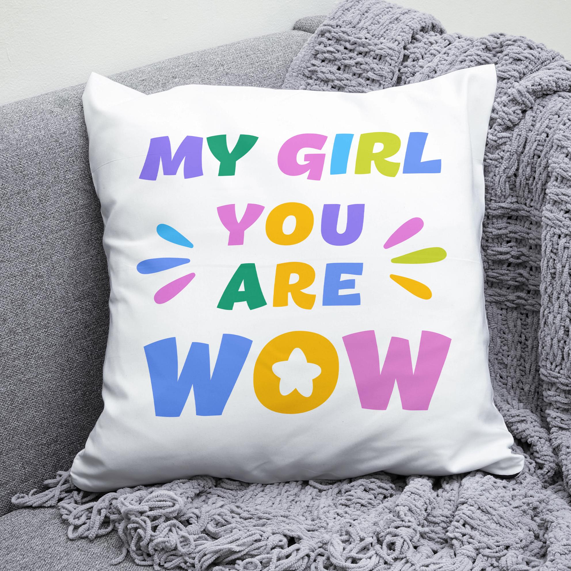 Плюшевая подушка квадрат с принтом "My girl you are WOW"
