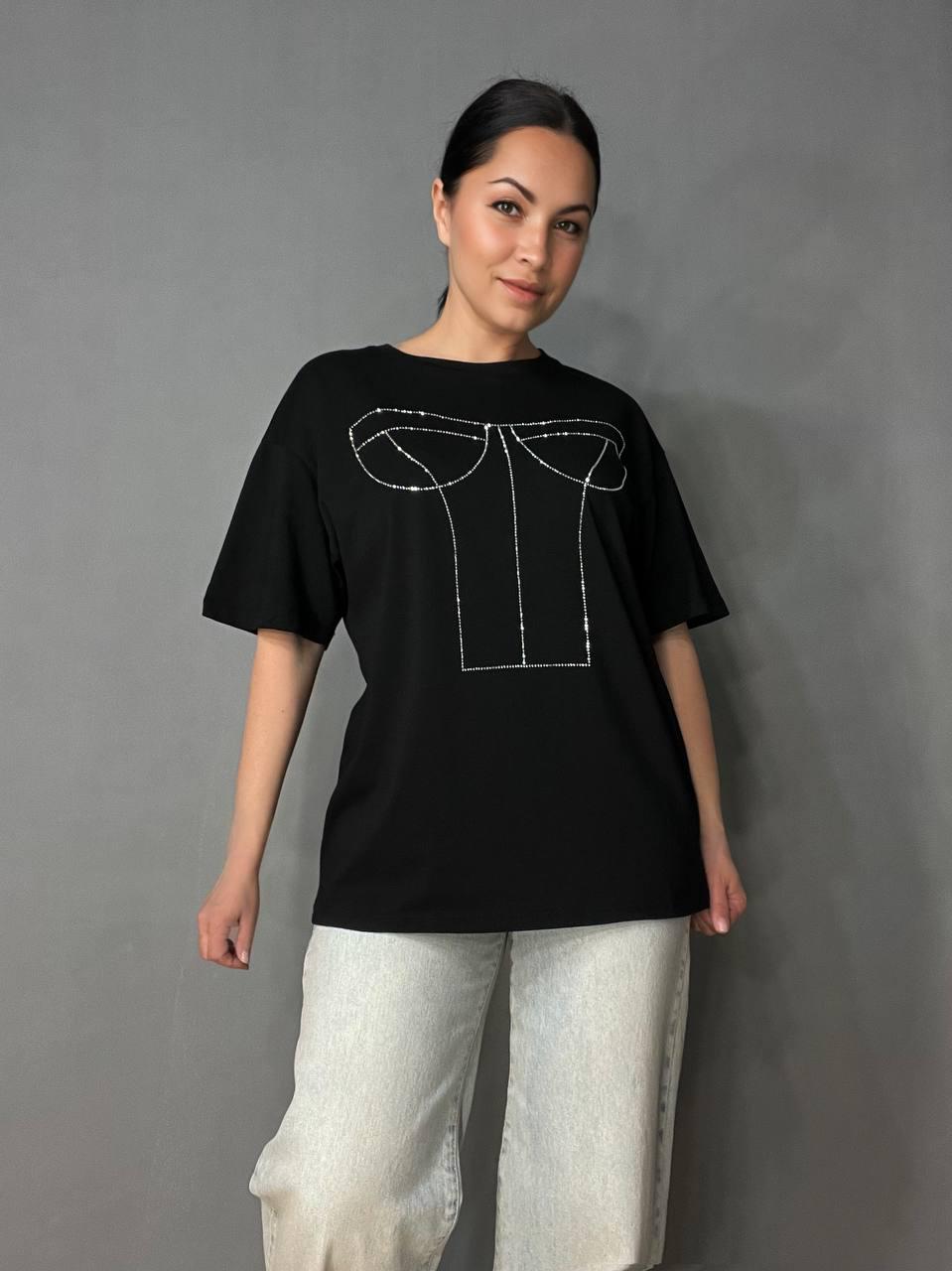 Футболка женская A-N 0098 камни имитация корсета модель OS Черный (1750)