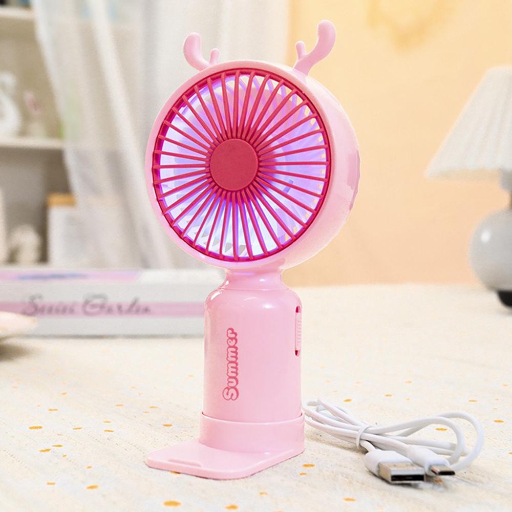 Портативный вентилятор с рожками Олень на аккумуляторе и USB Розовый - фото 6