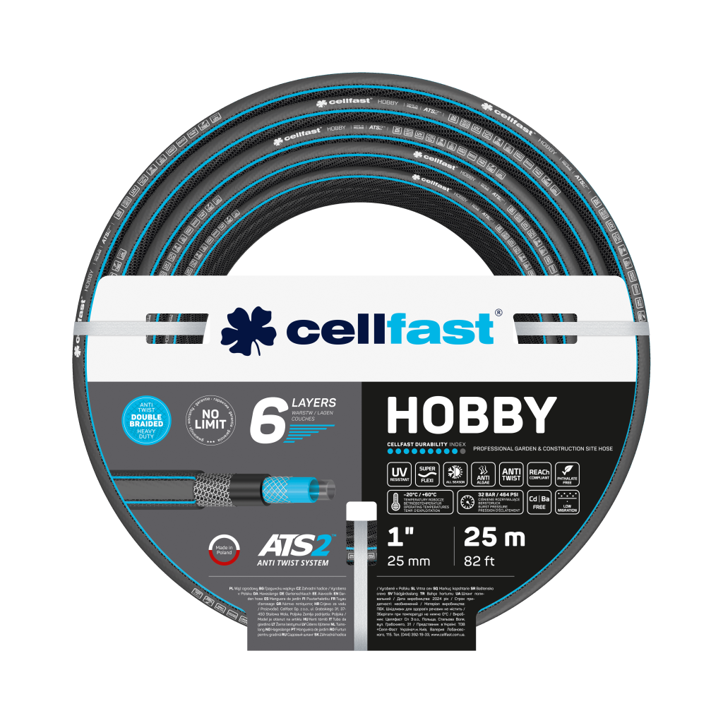 Поливочный шланг Cellfast HOBBY TSV 1" 25 м прочный/износостойкий/легкий и гибкий для ежедневного полива