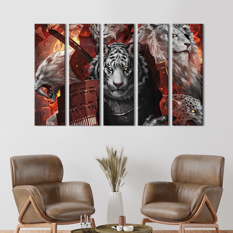 Модульная картина из 5 частей на холсте Царство воинственных кошачьих 155x95 см (738-51)