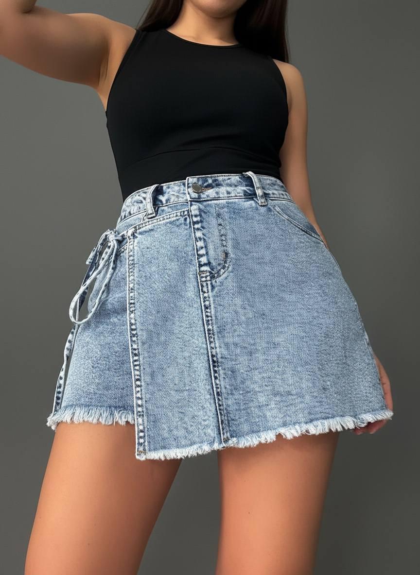 Шорты-юбка женские Vanver 221-225 джинсовые на запах с завязкой р. 26 Голубой (6393)