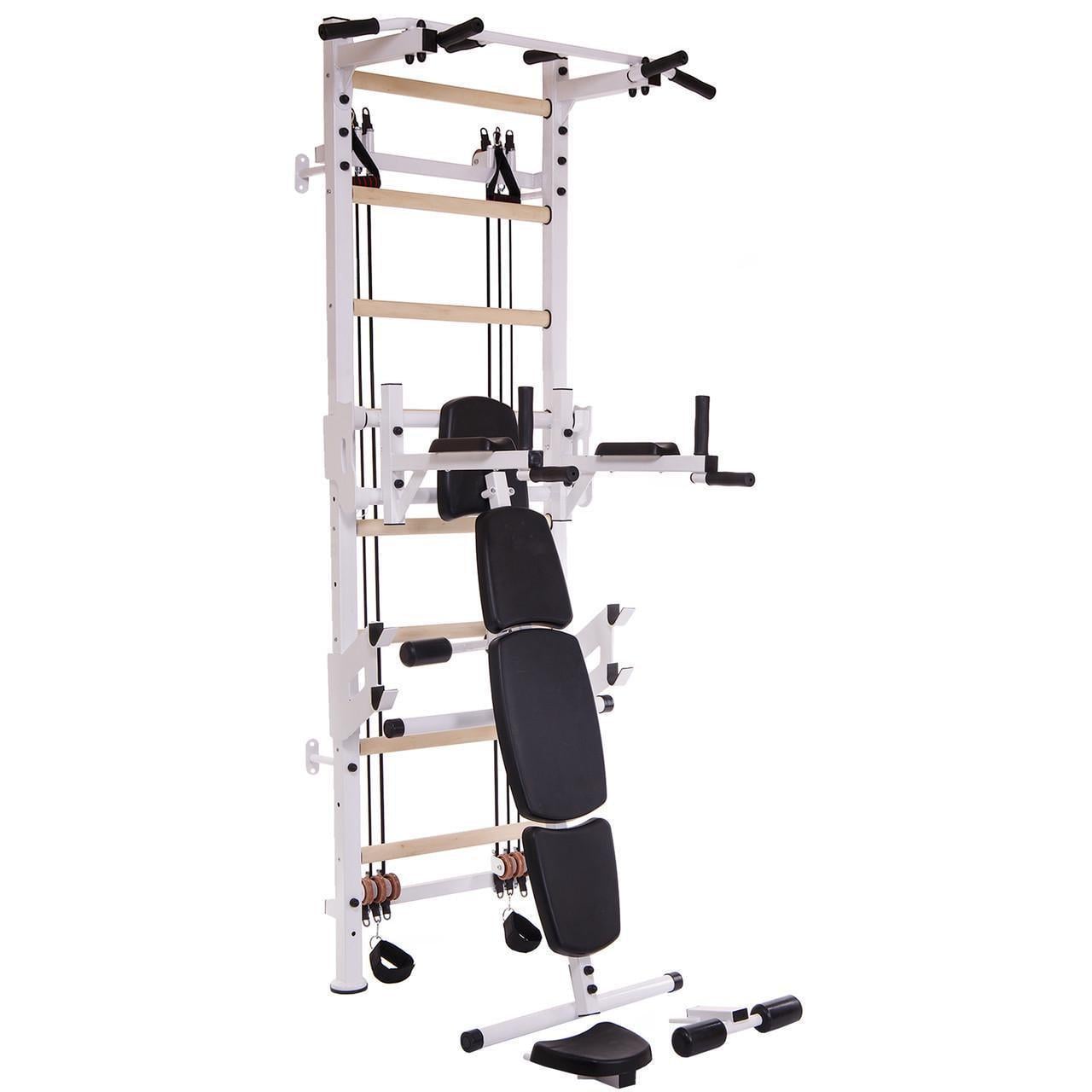 Шведская стенка-стойка SP-Planeta Кросс Wood FULL PRO L-2407 со скамьей для пресса/спины с набором экспандеров сталь Бело-желтый (2532858473)