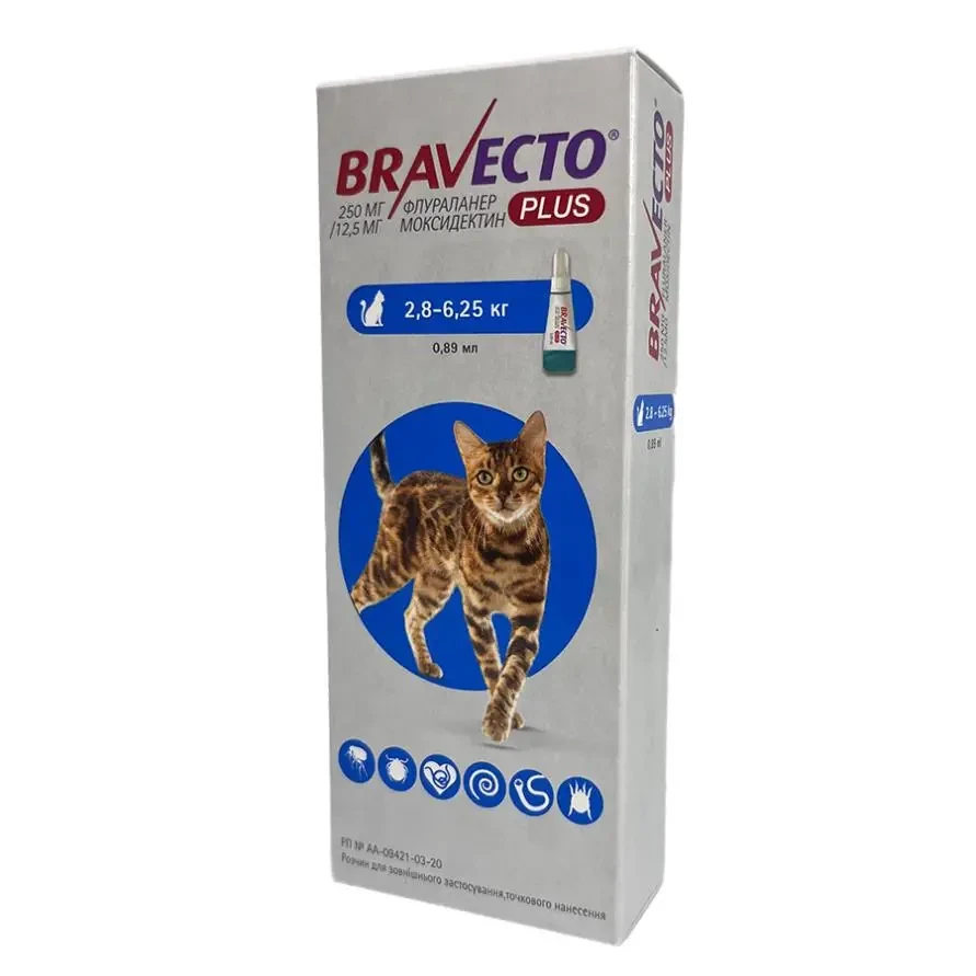 Капли на холку для котов Bravecto Plus Cat вес 2,8-6,25 кг 250 мг