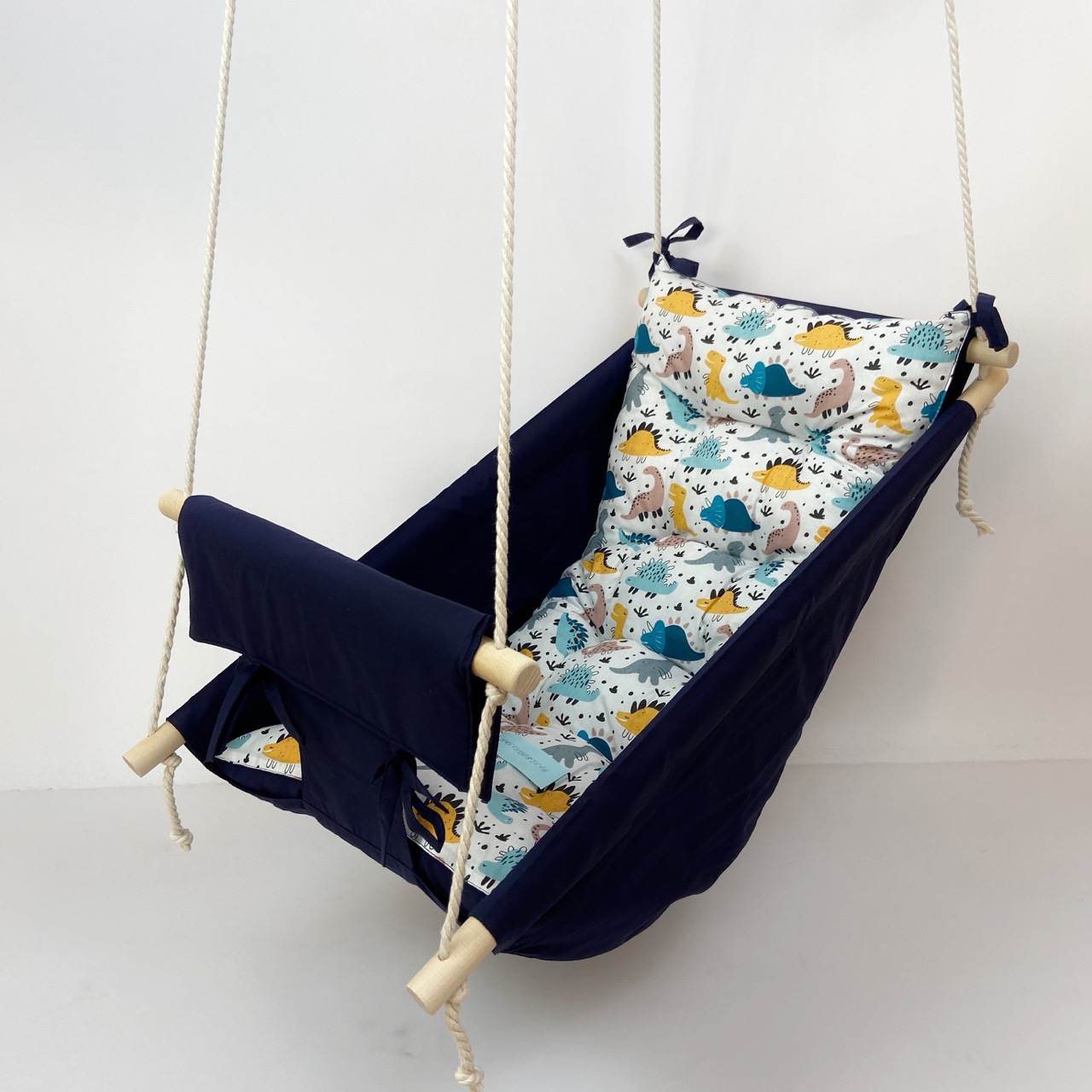 Детские качели подвесные хлопковые Колыбелька с динозаврами с мягким передом Синий (gs-8696)