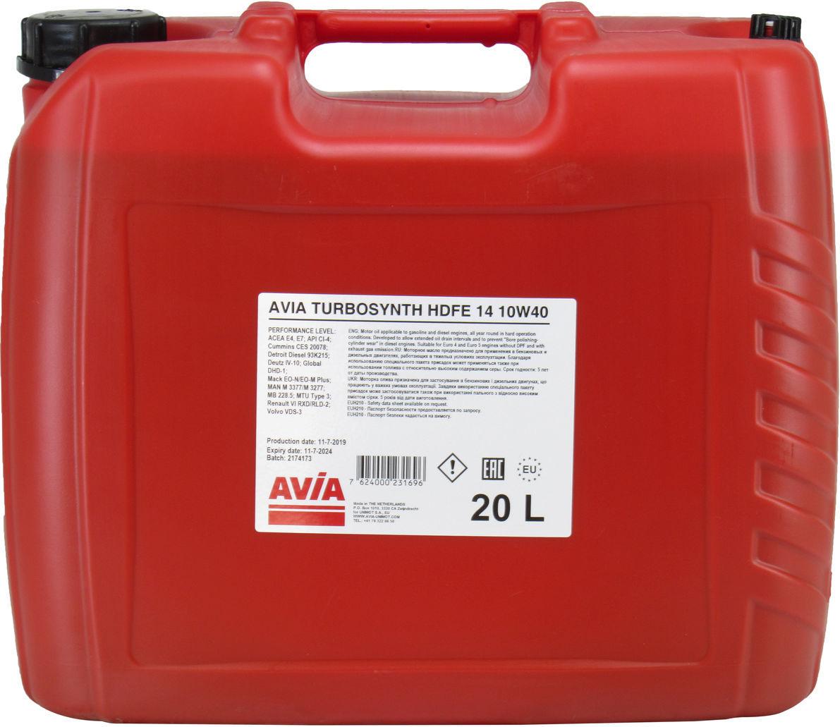 Моторное масло Avia Turbosynth Hdfe14 дизель 10W-40 20 л (1400399)