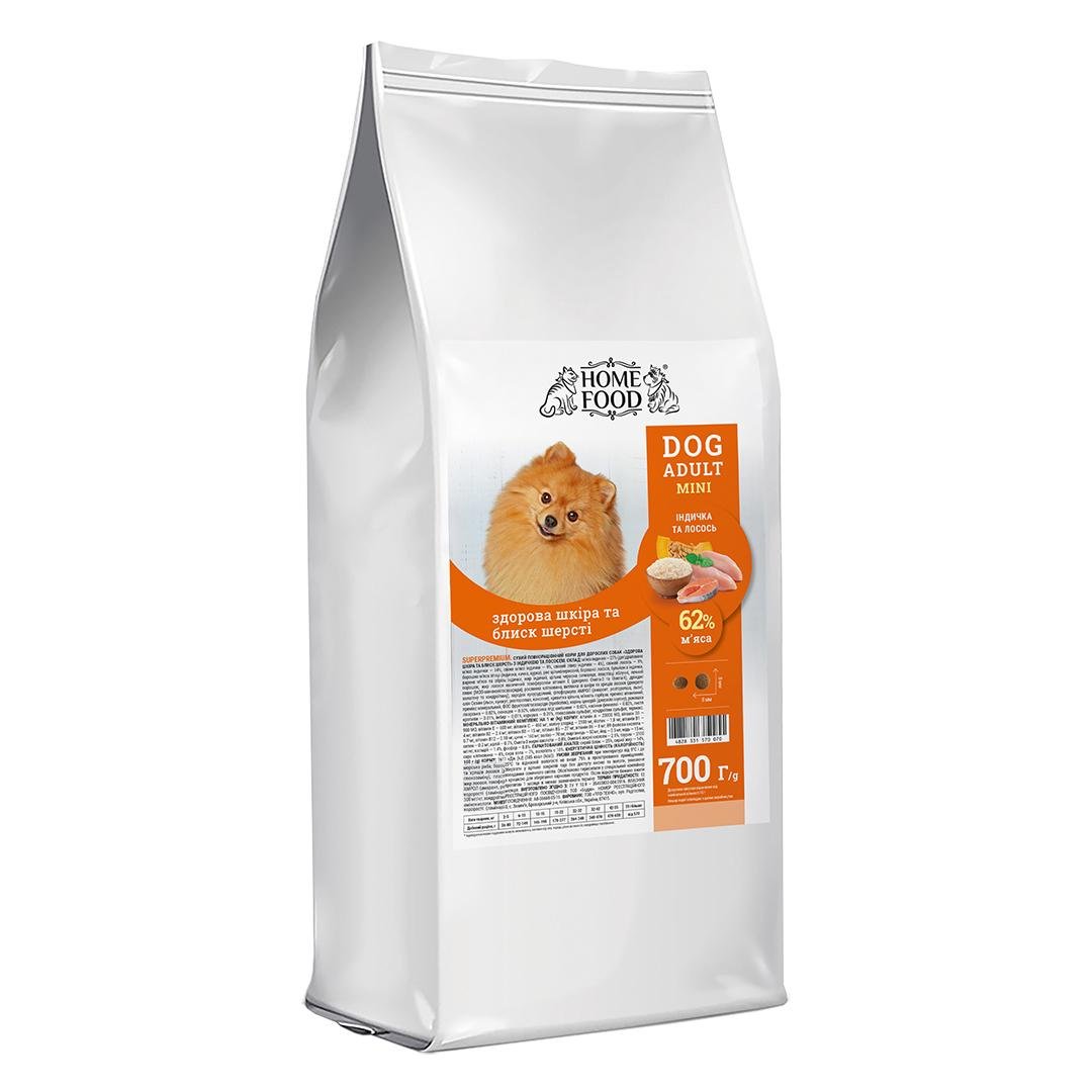Корм HOME FOOD для дорослих собак дрібних порід Індичка і лосось здорова шкіра і блиск шерсті 700 г
